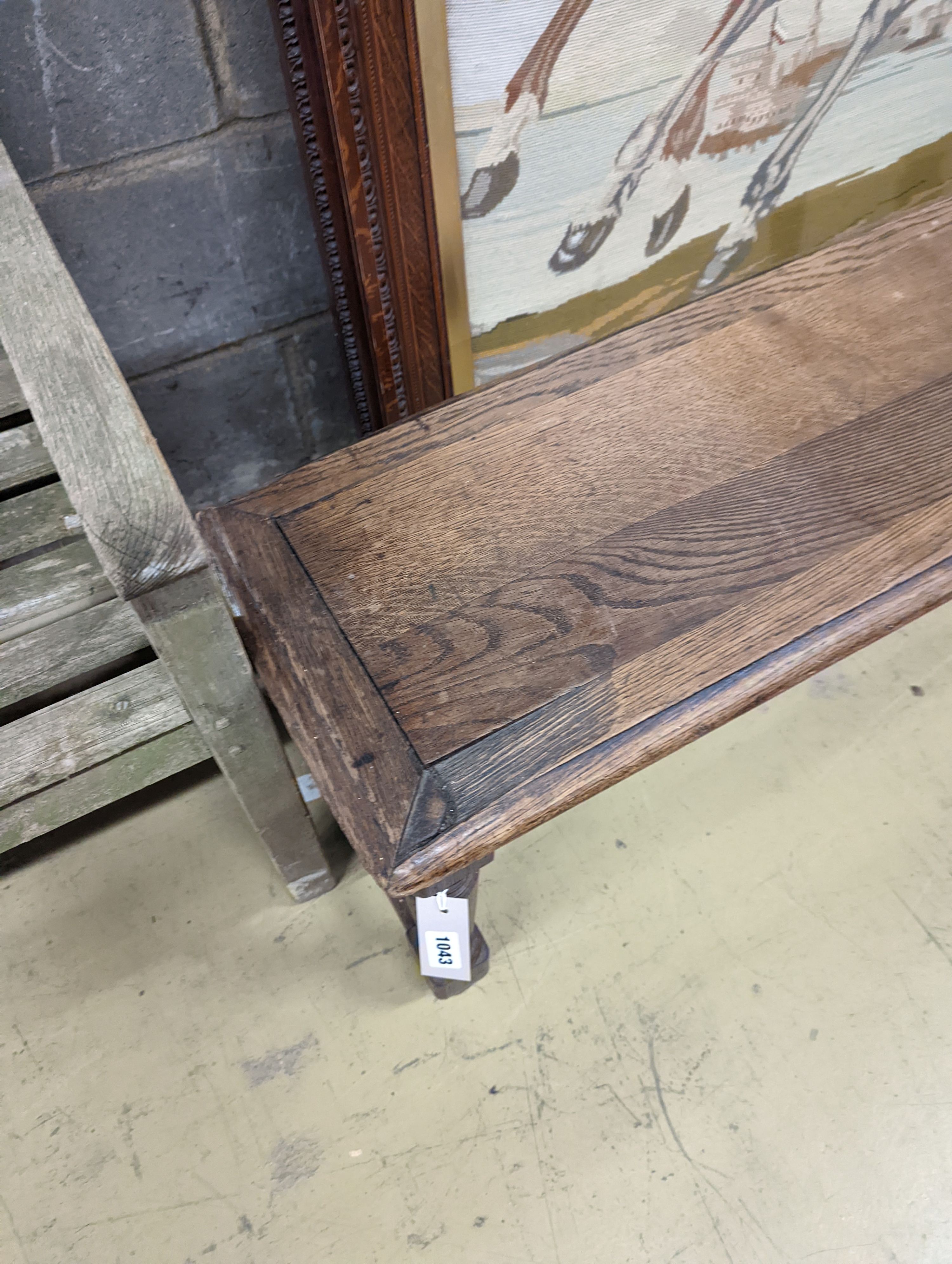 A late Victorian oak bench on six turned legs, length 200cm, depth 33cm, height 45cm